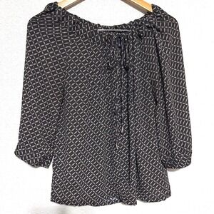 Banana Republic Women's Small Geometric Tie Neck Career Casual Brown Blouse Top